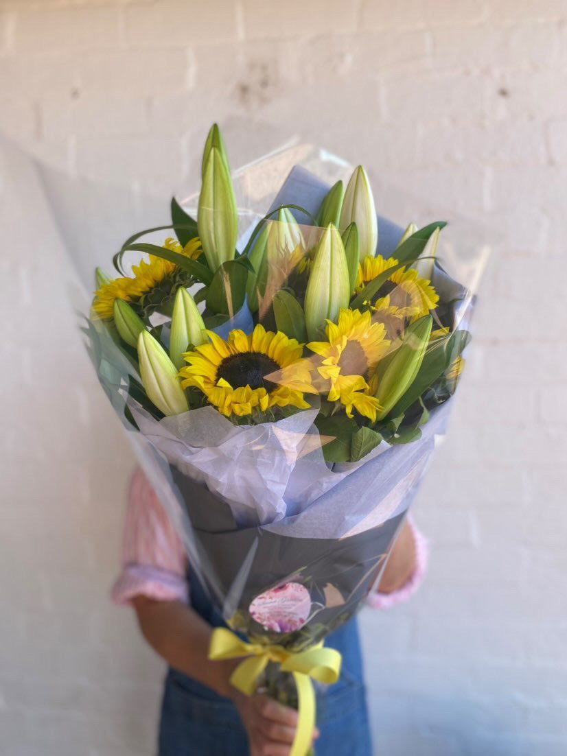 Sunflower and Oriental Lilies gift wrapped
