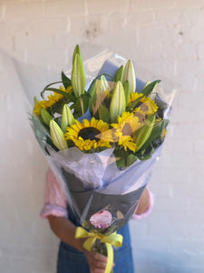 Sunflower and Oriental Lilies gift wrapped