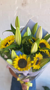 Sunflower and Oriental Lilies gift wrapped