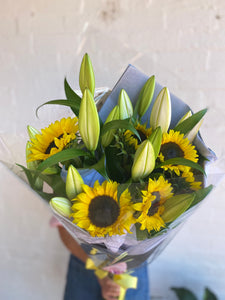 Sunflower and Oriental Lilies gift wrapped